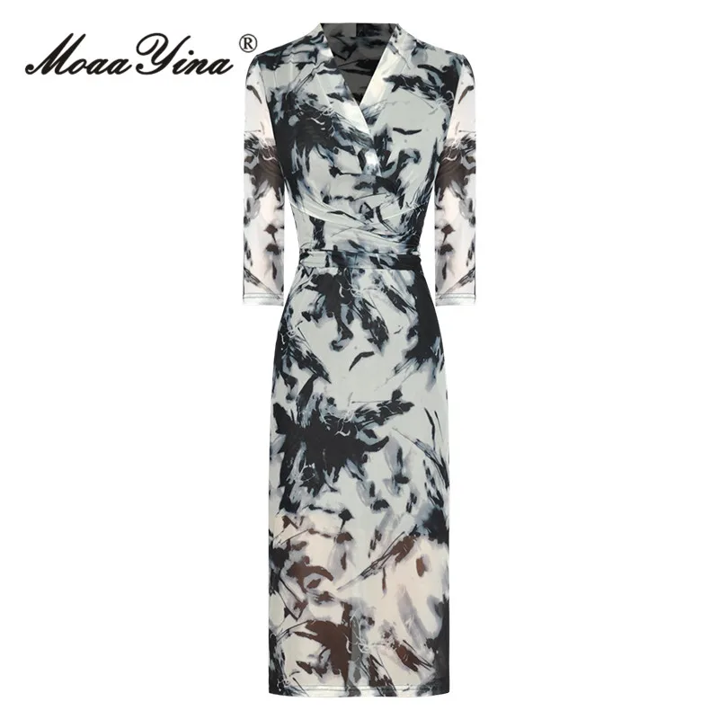 

MoaaYina, модное дизайнерское летнее Сетчатое платье, женское винтажное платье миди с v-образным вырезом и принтом в виде чернил и ягодиц