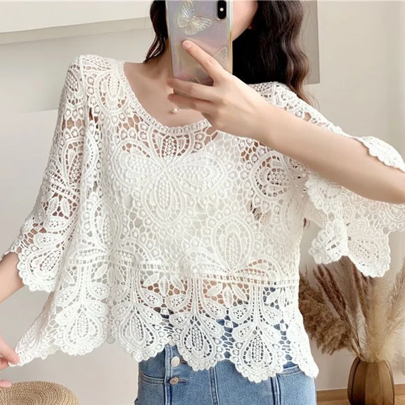 Fashion Solid Color Embroidery Ruffles Hollow Out Blouse Women's Clothing 2023 Summer New Casual Pullovers Office Lady Shirt