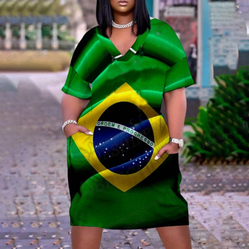 Brazil Flag Dress Women Fashion Midi Dresses Party Evening Short Sleeve Brasil Flag Dress Beach Bohemian Elegant Loose Sundress