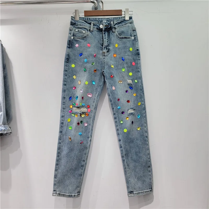 High Waisted Denim Pants with Heavy Work Holes and Diamond Inlaid Colored Diamond Cropped Pants for Women flash card colored index cards office colorful sticky notes paper flashcards with binder
