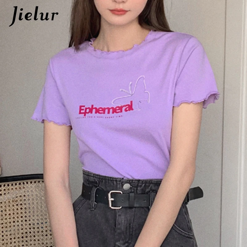 

Purple O-neck T-shirts Women Edible Tree Fungus Top Female Butterfly Letter Print Short-sleeved Women's T-shirt S-L