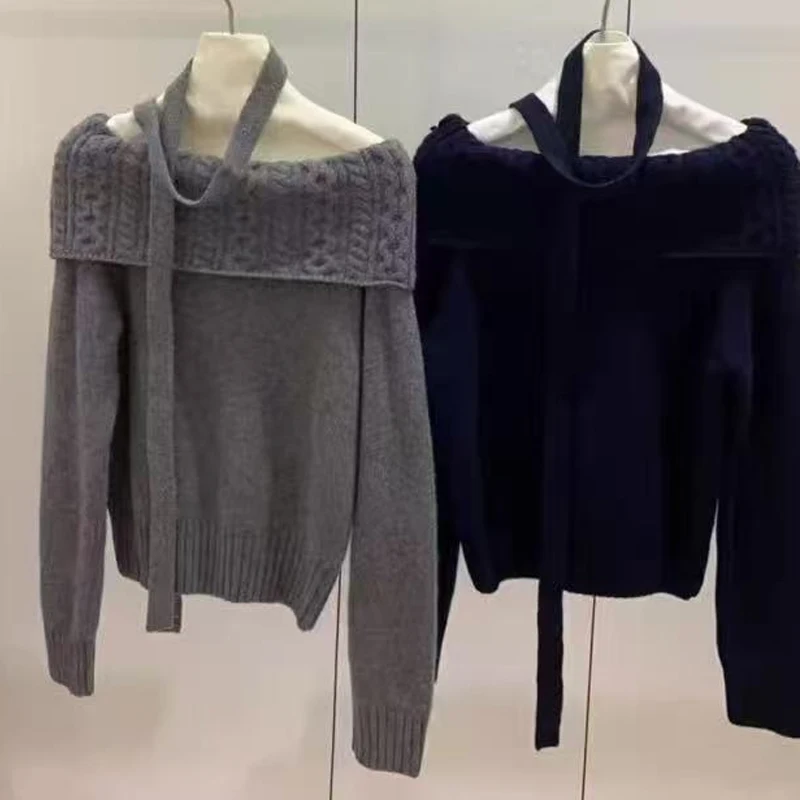 New Autumn and Winter Women's One-word Collar Off-shoulder Long-sleeved Sweater Elegant and Sexy Knitted Slim-fit Top