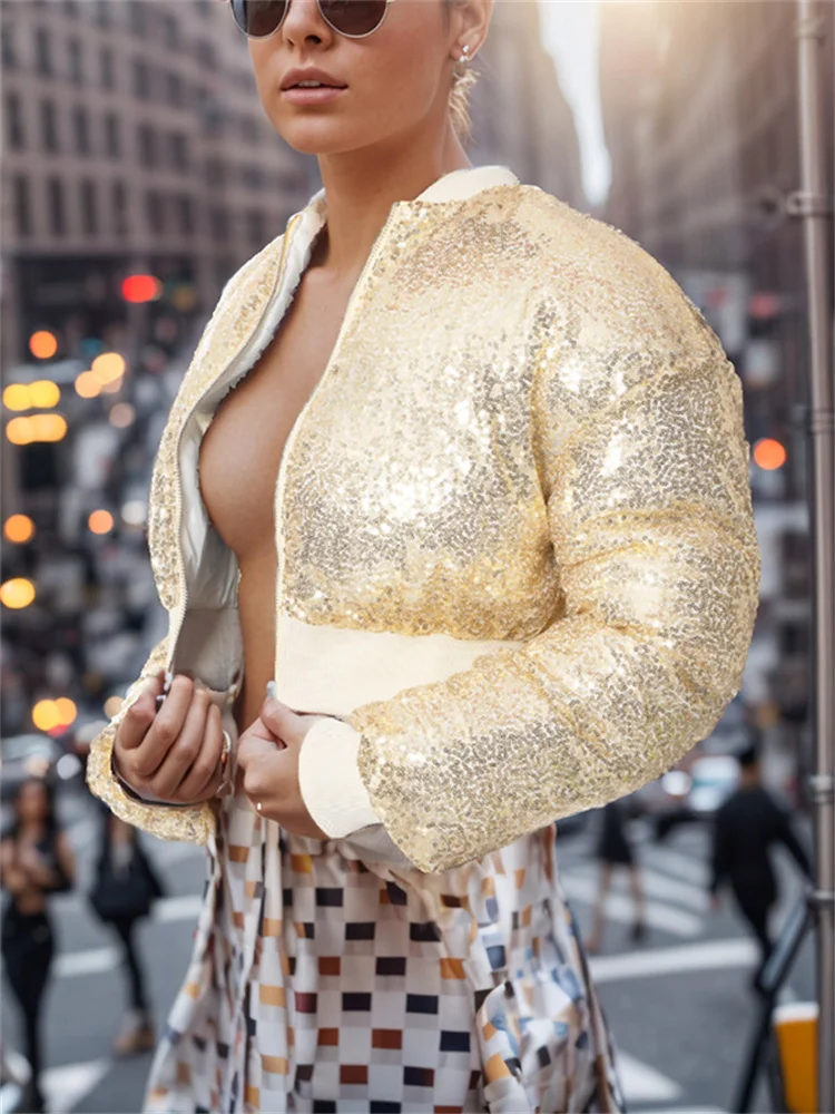 Tossy Sequin Luxury Fashion Outwear Cropped Female Autumn 2023 New Long Sleeve Glitter Cardigan Zipper Women's Coat Streetwear