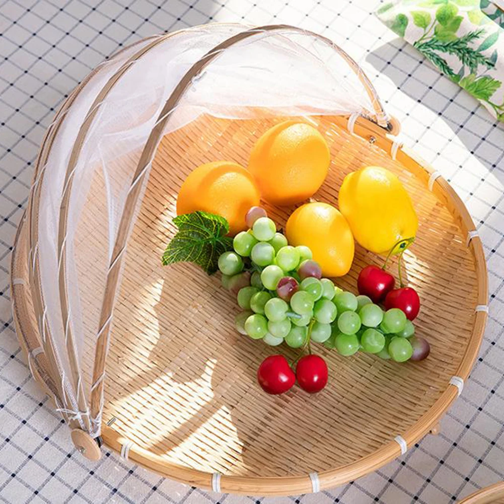 Bamboo Woven Basket Anti-Mosquito Net Fruit Vegetable Basket Dustpan Tent Basket Tray Portable Outdoor Picnic Mesh Net Cover