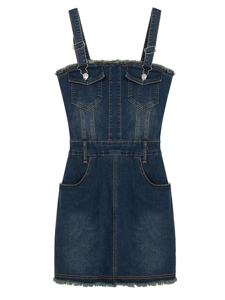 

2023 Hip Hop Blue Women Splicing Denim Overalls Vintage Washed Frayed Short Slim Sexy Bodycon Grunge Y2k Korean Women Streetwear