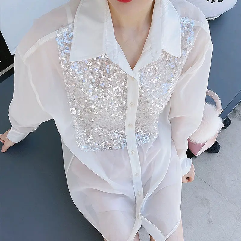

Women Sequined Mesh Stitching Shirts Sunscreen Beaded Blouses Chiffon Cardigan OL Single-breasted Long-sleeved Crop Tops Blusas