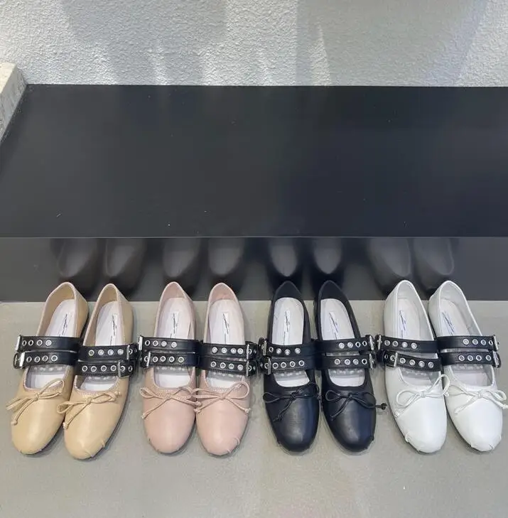 

2023 New Classic PU Ballet Shoes Leather Straps Ballet Shoes Women Round Toe Bowtie Women Flats Elegant Valentine Shoes