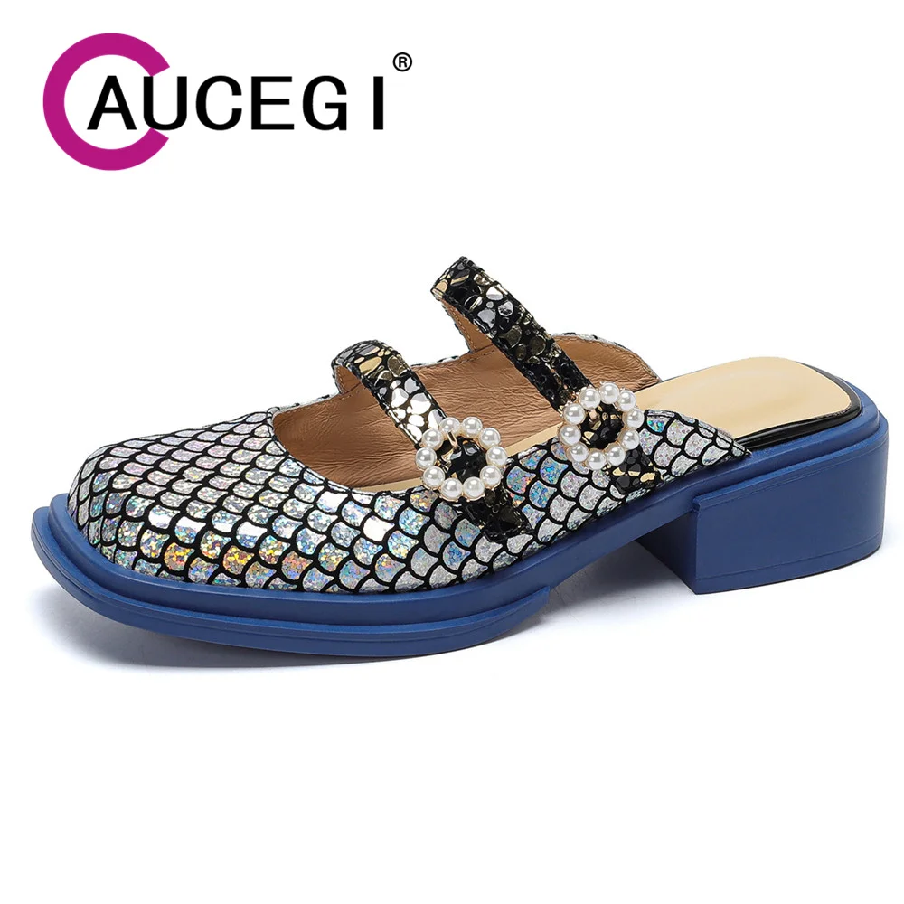 

Aucegi New Woman Mules Fashion Design Square Toe Pearl-Studded Summer Outdoor Office Wear Thick Heels Basic Retro Shallow Shoes