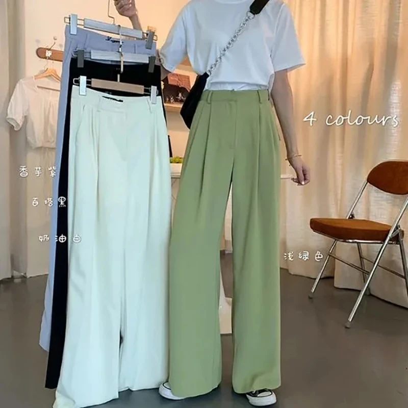 JMPRS Summer Loose Pants Fashion High Waist Thin Wide-leg Pants Simple Solid Black Casual Korean Trousers Korean New leather pants