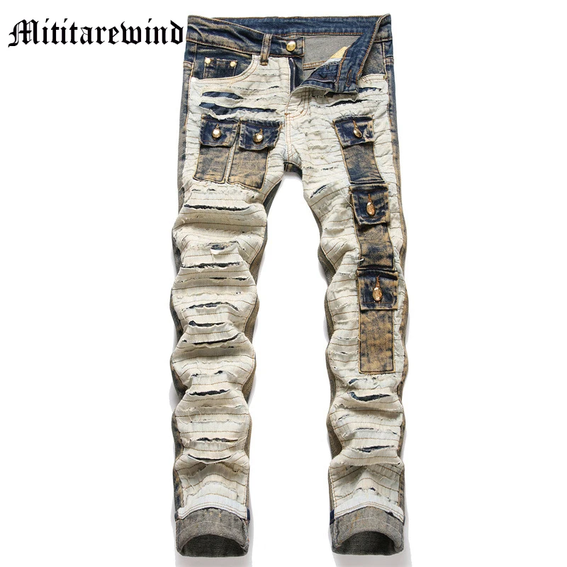 

Spring High Street Spliced Ripped Men's Jeans Vintage Retro Multi Porkets Distressed Slim Skinny Denim Pants Hip Hop Trousers