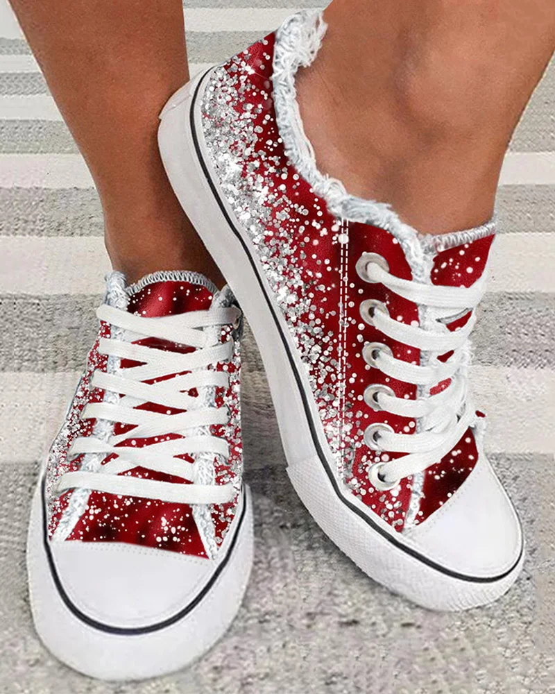 

Women Canvas Round Toe Flat Fashion Daily Wear Christmas Ombre Lace-up Raw Hem Sneakers