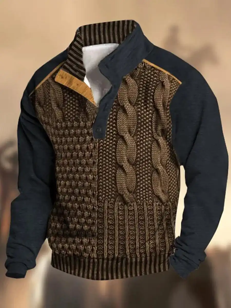 Retro Texture Pattern Printed Western Vintage V Neck Outdoor Thick Sweatshirt Knitted Coat Mens Winter Warm Slim Sweatercoat