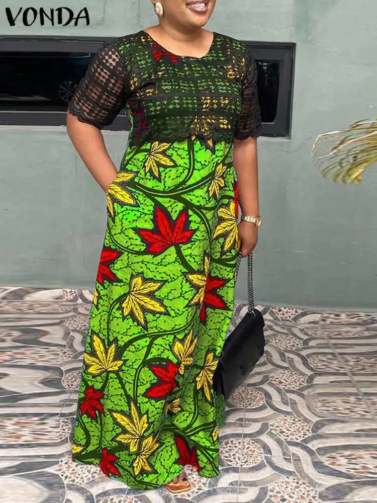 

VONDA 2023 Summer Bohemian Women Long Sundress Short Sleeve Floral Printed Party Maxi Dress Lace Patchwork Casual Loose Vestidos