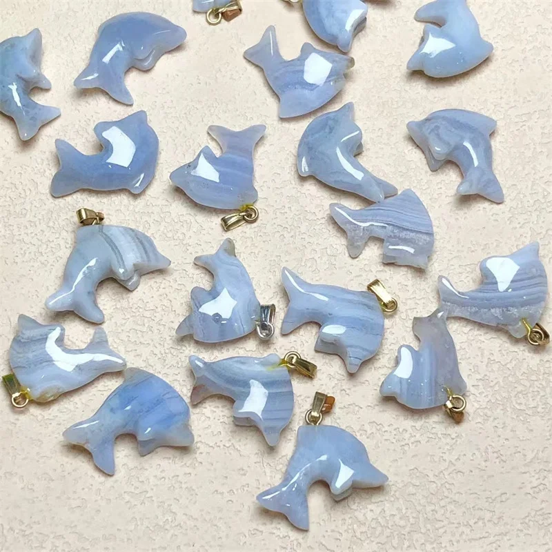 

5PCS Natural Blue Lace Agate Dolphin Pendant Necklace Crystal Carved Figurine Gift Fashion Jewelry For Women 19mm