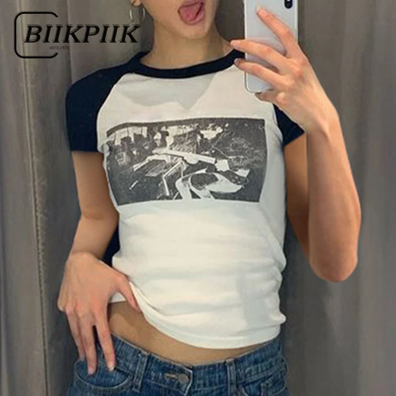 

BIIKPIIK Fashion Printed Short Sleeve Women T-shirts Casual O-neck Contrast Color Tees Streetwear All-matched Tops Basic Outfits