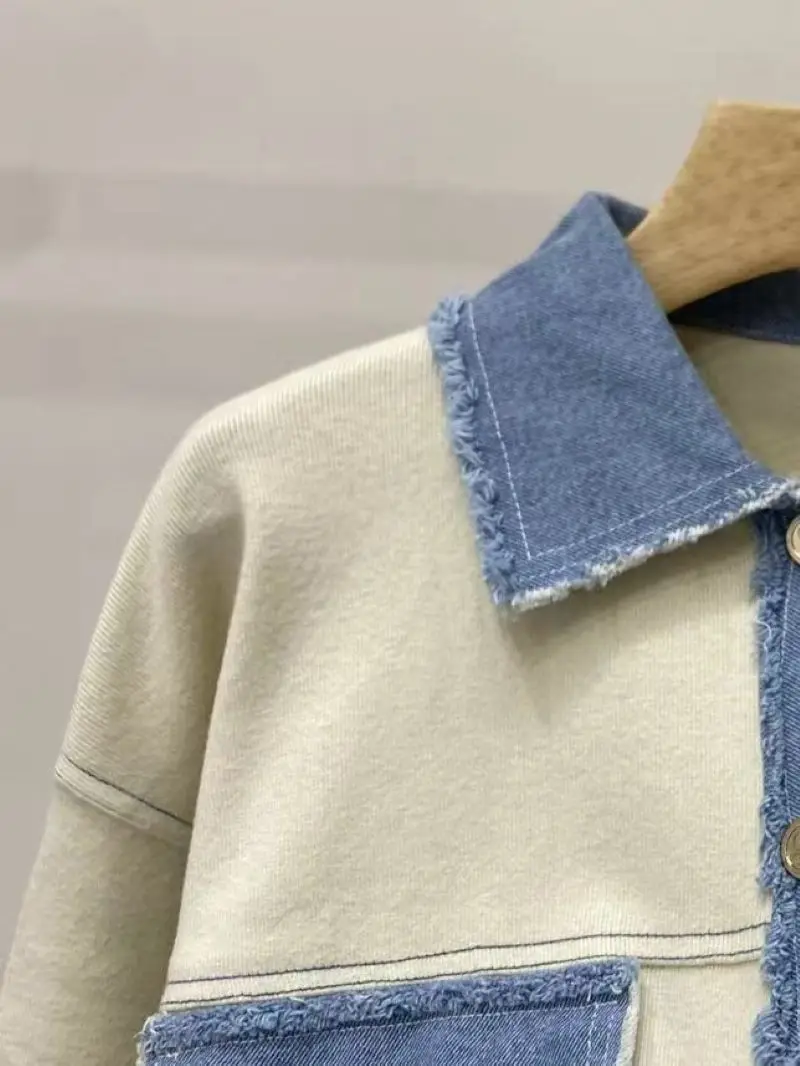 

Spring 2024 Women Denim Spliced Jacket Turn Down Collar Single Breasted Long Sleeve Fashion Female Coat
