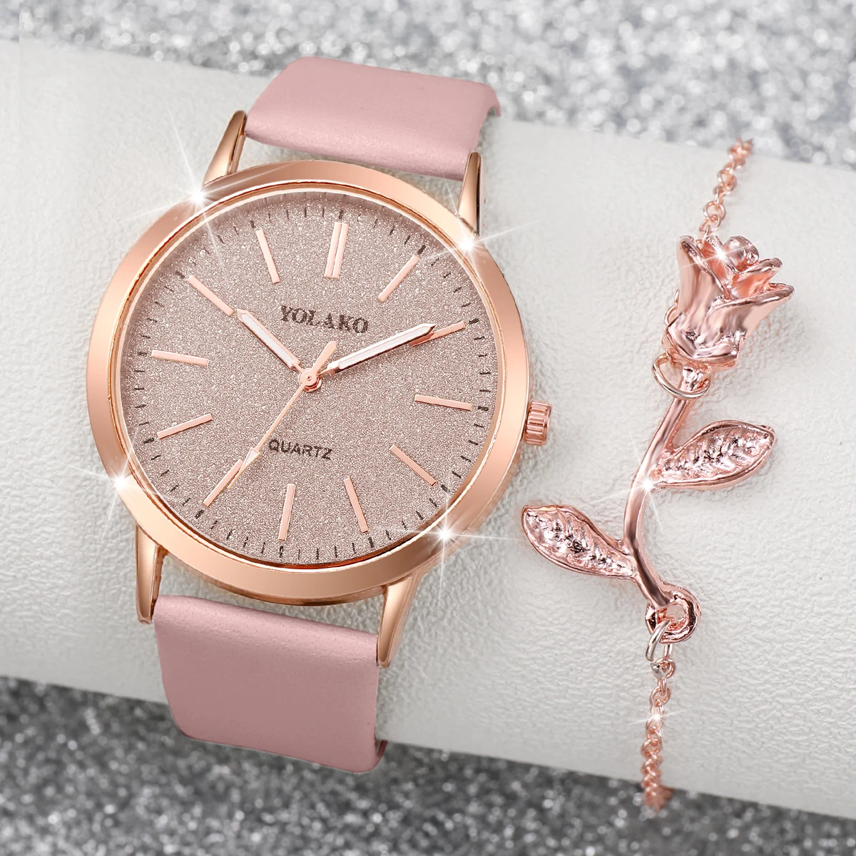 4PCS/Set Korean Women's Watch Fashion Versatile Leather Strap Grey Pink Twin Watch with Rose Bracelet