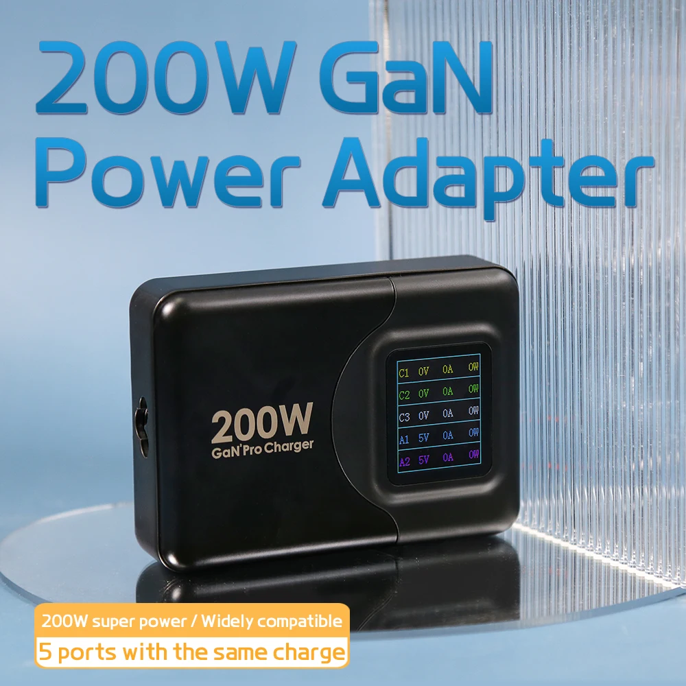 

200W GaN Desktop Charger PD100W+100W 1.8 Inch LCD Color Screen US EU AU UK PPS105W QC SCP Phone Laptop Earphone Fast Charging