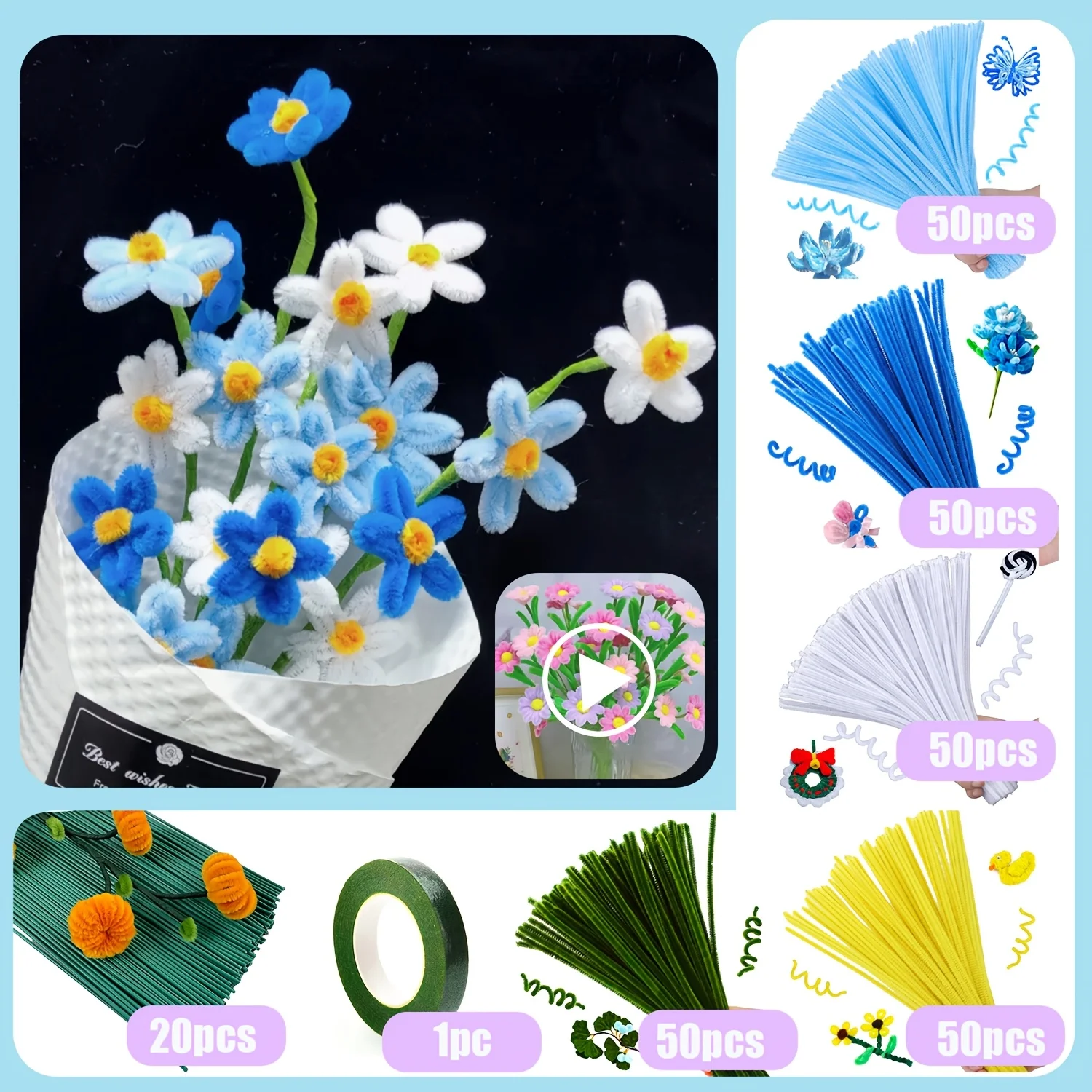 271pcs DIY Daisy Flower Craft Kit with Tutorial Video-Faux Fur Material,Pipe Cleaner Crafting Supplies-Perfect for Decorations daisy craft kit