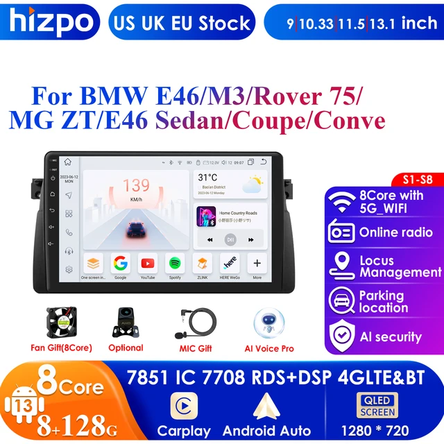 Hizpo CarPlay 4G 9'' AI Intelligent Systems Android 13 Car Radio Player for BMW 3 Series E46 M3 318 320 325 330 335 1998-2005 BT