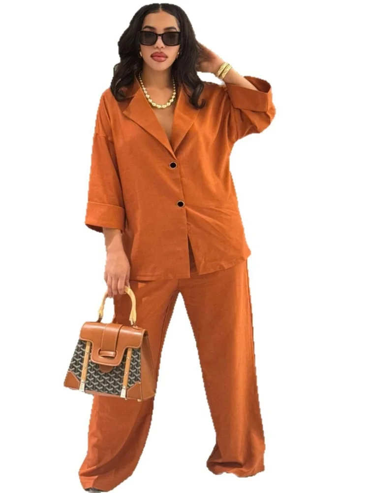 Wmstar Two Piece Set Women Wholesale Lapel Loose Single Breasted Shirt High Waisted Straight Leg Pants Casual Elegant Suit