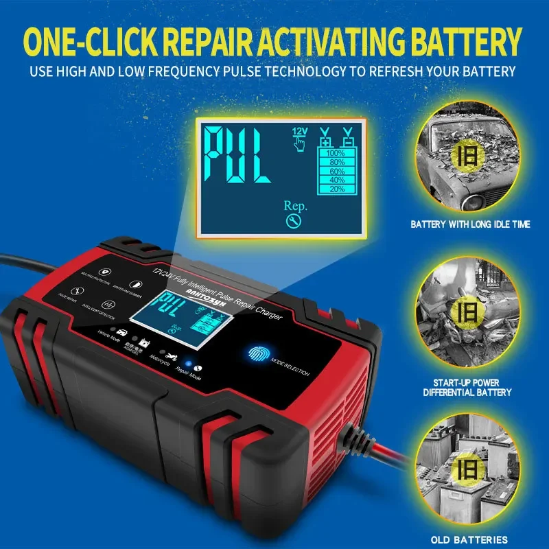 EAFC Car Battery Charger 12/24V 8A Touch Screen Pulse Repair Digital LCD Display Smart Fast Charger Charging for Car Motorcycle