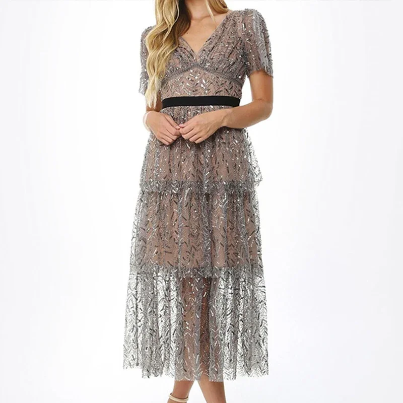 

Sexy Mesh Sequins Dress Woman V Neck High Waisted Evening Party Dresses Bodycon Lady Short-sleeve Vintage Vestido Elegant