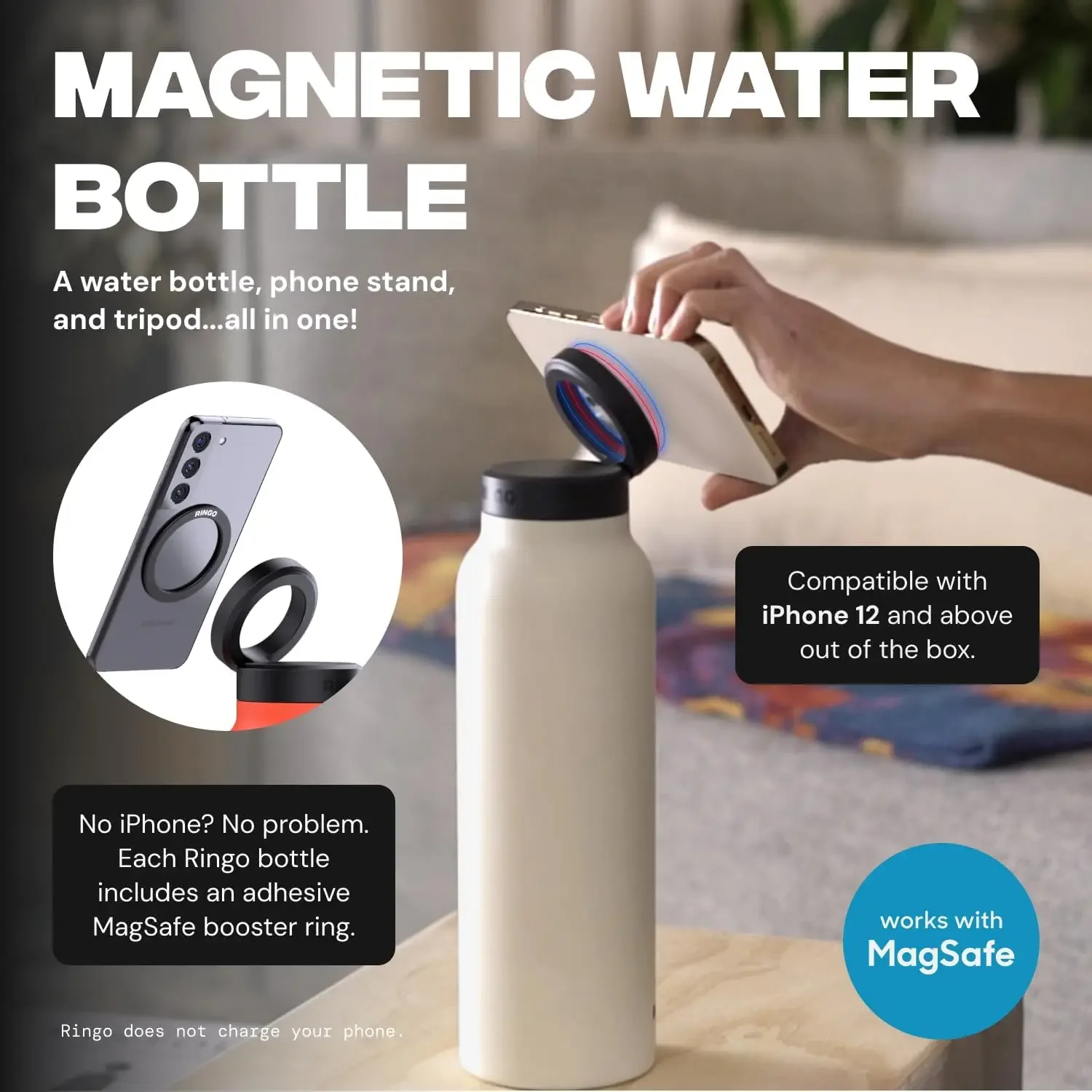 2024 720ml Unique Magnet Water Bottle 304 Stainless Steel Insulated Magsafe Water Bottle with Magnetic Cell Phone Holder view 2