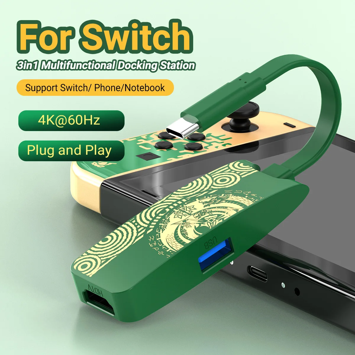 3 In 1 Game Hub ABS Green USB-C Docking Station With USB2.0 4K60Hz HDMI PD 100W For Laptop ，Switch， Mobile Phone