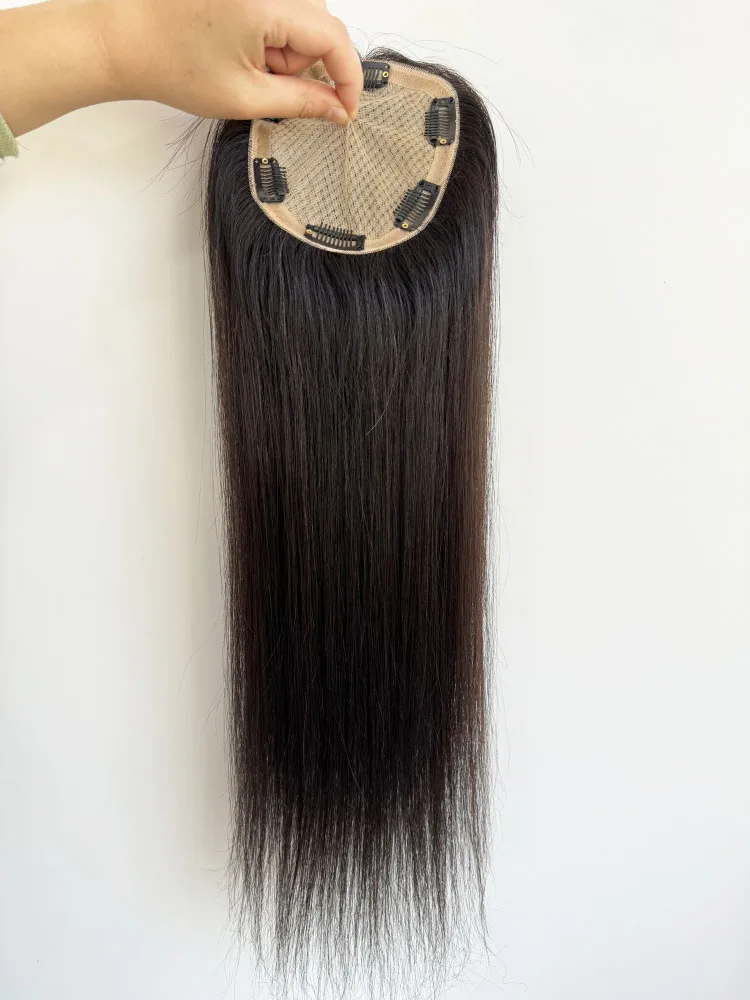 여성용 실크 탑 인모 토퍼, 핸드 타이 실크 베이스, 버진 브라질 헤어 오버레이, 클립 인 헤어피스 포함, 12x14cm, 22 인치