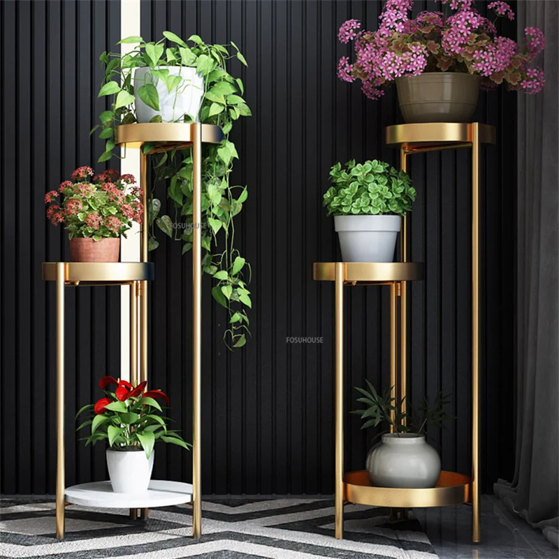 Nordic Gold Plant Stand Living Room Standing Flowerbed Balcony Matel Flower Pot  Stand Furniture Indoor Planter Display Organizer