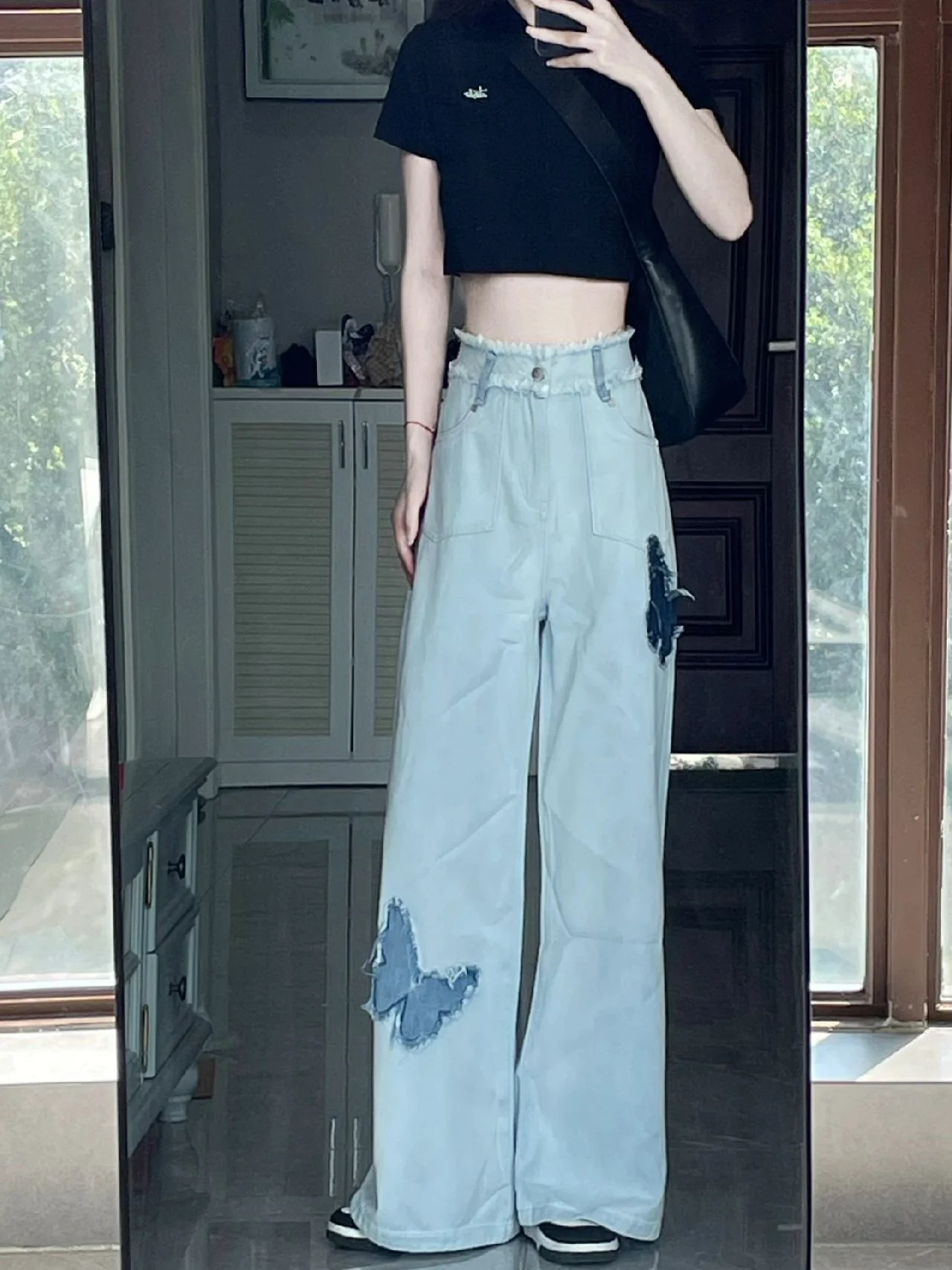 Women Jeans High Waisted Butterfly Patch Straight Tube Jeans Autumn American Casual Loose Fitting Wide Leg Mop Pants