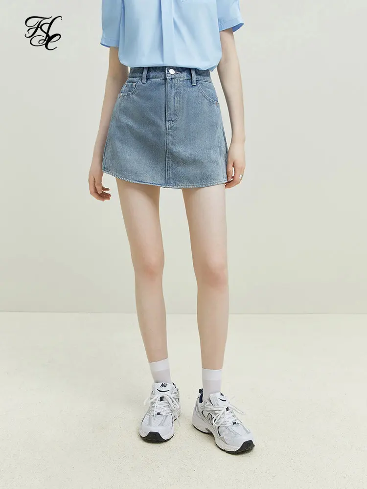 FSLE High Waist Women Denim Blue Skirts Curved Hem Design Ladies Summer