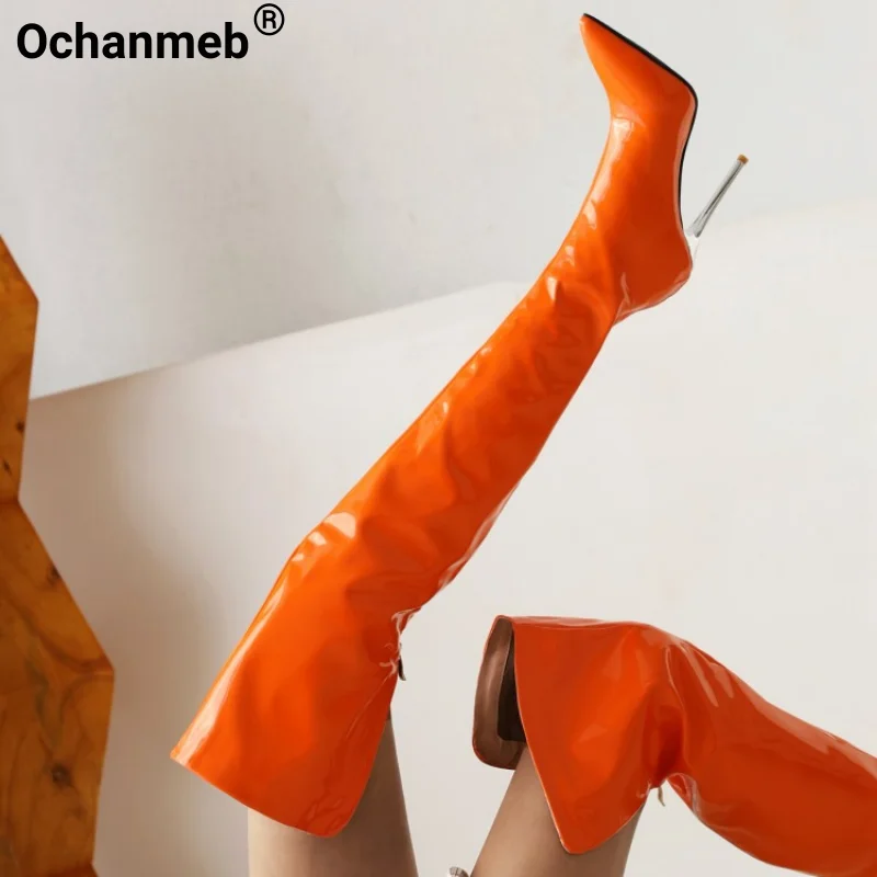

Ochanmeb Bright Orange Patent Leather Overknee Boots Sexy Stiletto Pointy Toe Zipper Neon Green Thigh Boot High Heel Shoes Woman