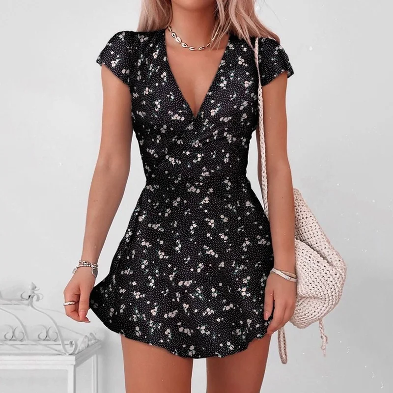 

Summer Casual Floral Dress Women Deep V-Neck Short Sleeve Mini Dress Black Bohemian One-piece Dresses Beach Wear Party Clothing