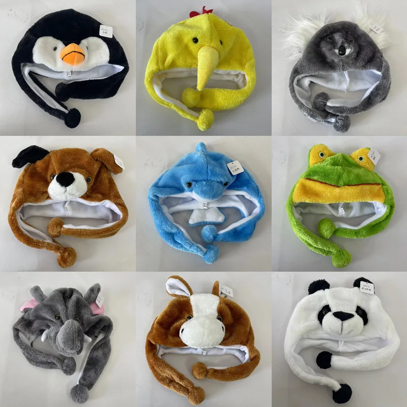 Cartoon Animals Penguin Duck Rabbit Elephant Shark Tiger Hats Children Student Performance Cosplay Ear Plush Caps Cute Gifts