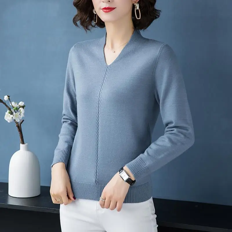 여성용 우아한 솔리드 브이넥 풀오버 후드, 캐쥬얼, 다용도, 긴팔, 루즈 니트 탑, 용수철 가을, 신상 패션, 2024 9 기본 데일리 가을 겨울 v넥 니트 스웨터, 두꺼운, 밝은 색상의, 긴 소매, 루즈한 오버랩 풀오버