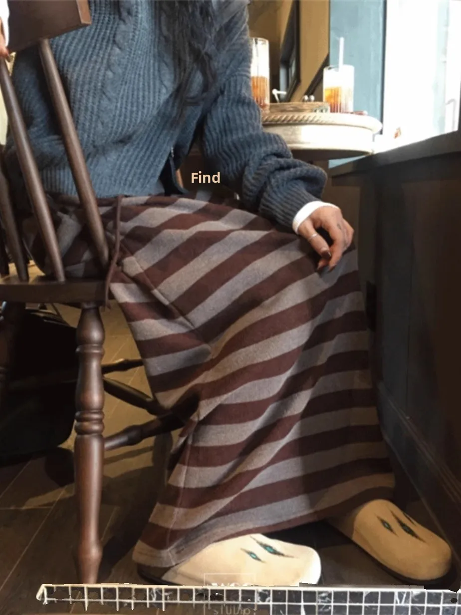 Comfortable Casual Striped Color Blo Long f Skirt with Dstring Lazy mat Brown High Waist A-Line Skirt