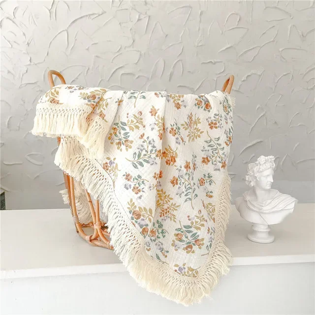 Newborn Baby Tassel Receiving Blanket  Muslin Cotton Baby Blankets Infant Fringe Swaddle Blanket Babies Sleeping Quilt Bed Cover 4
