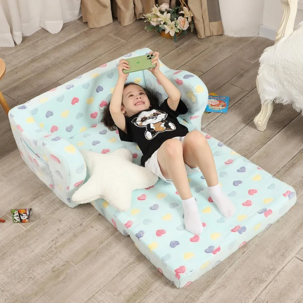 2-in-1 Soft Couch Fold Out with Star Pillow, Convertible Sofa to Lounger for Girls and Boys, Children's Sofas 6