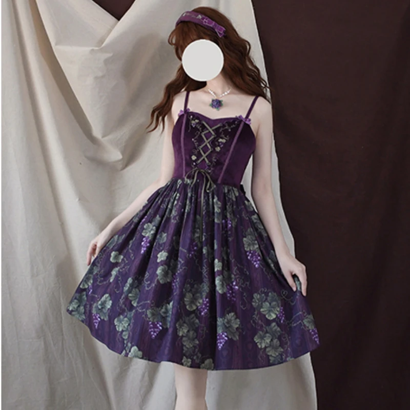 Victorian Gothic Lolita Jsk Dress Vintage Elegant Women Christmas Purple Grape Print Princess Dresses Girls Kawaii Cute Vestidos lolita dress lolita suspender dress suspender dress lolita skirt gothic gowns