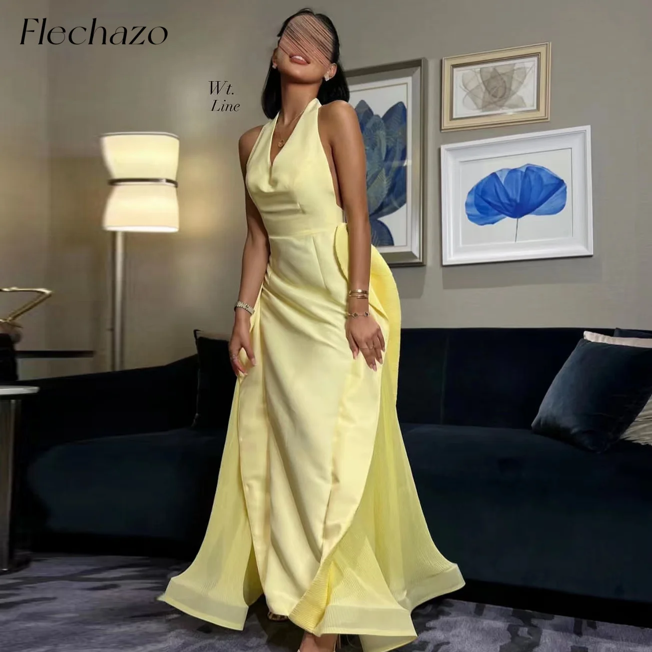 

Flechazo Light Yellow Evening Dresses Halter-Neck Sexy Backless Pleated Hem Formal Occasion Dress For Women 2024 Robe de soiree