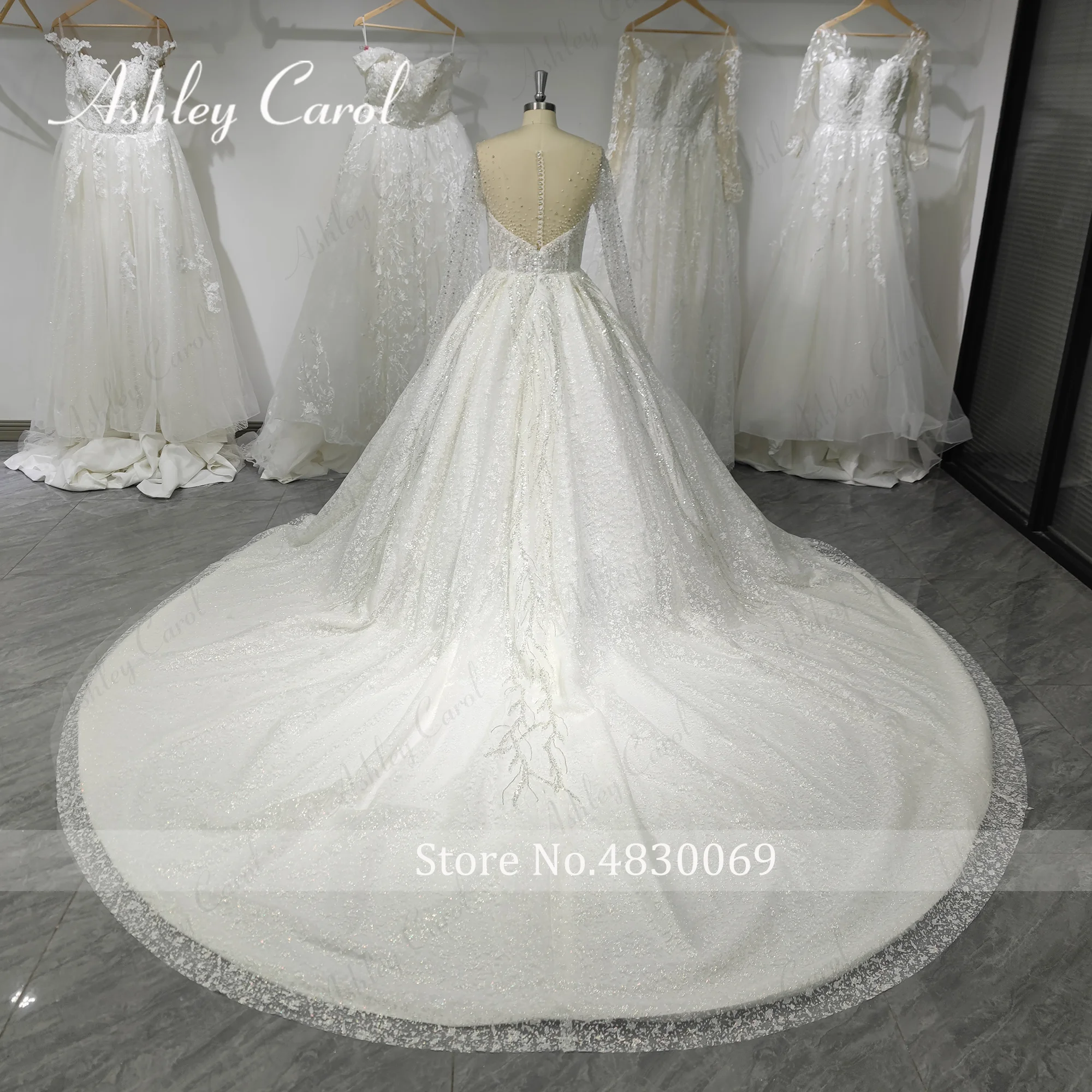 Ashley Carol Long Sleeve Wedding Dress Real photos 2023 Shining Beading Lace Up Invisible Neckline Wedding Gown Vestido De Novia 2