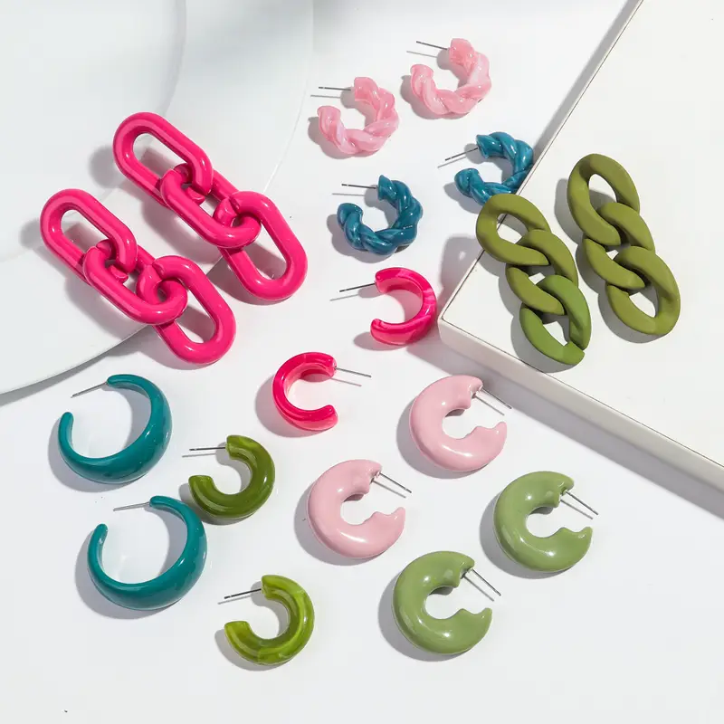 New 8pcs Colorful Circle Acrylic Hoop Earring for Women Korean Fashion Geometric Chain Drop Earrings Vintage Jewelry Sets Gifts - Image 4
