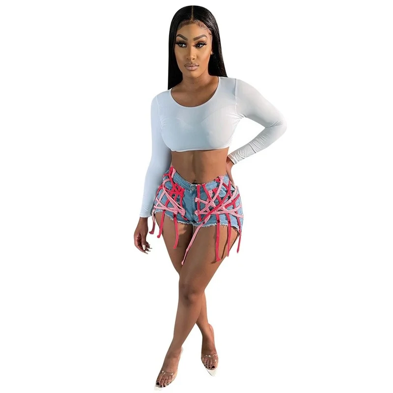 Women's Eyelet Bandage Denim Shorts, Casual Streetwear, Sexy Hole Buttons, Tight Jeans, Plus Size, Y2k, Female Fashion, Summer