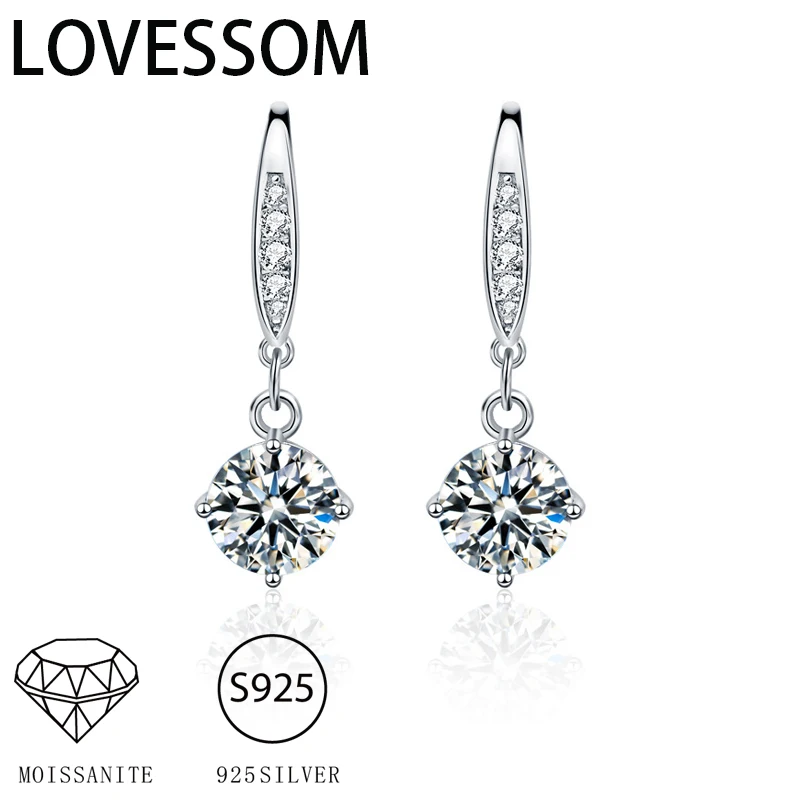 925 Sterling Silver 1 Carat Moissanite Diamond Four-Claw Earrings Fashion Design Sense Ladies Light Luxury Niche Send Girlfriend