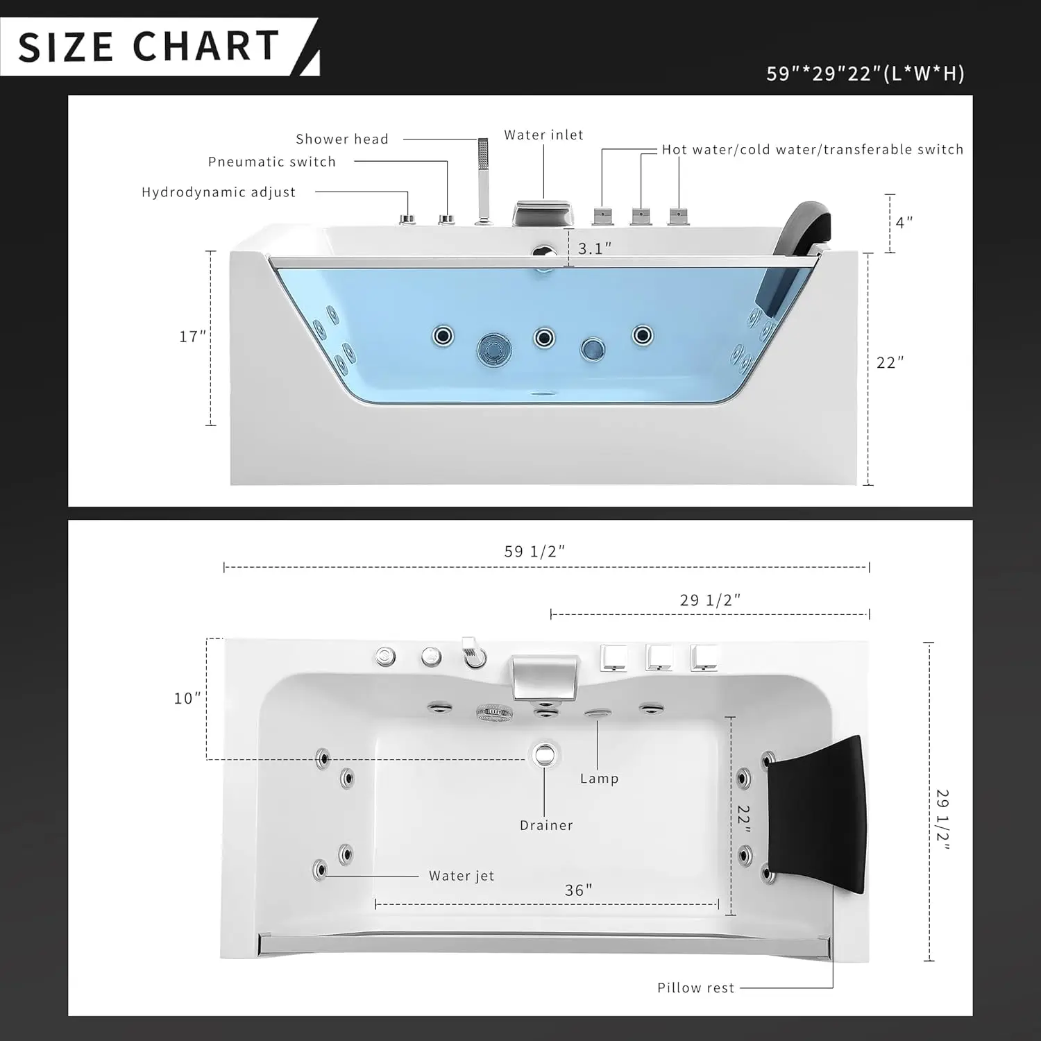 Whirlpool Bathtub with 11 Jets 59" Spa Tub with Light Hydromassage with Chromatherapy Acrylic 3-Side Apron White 3