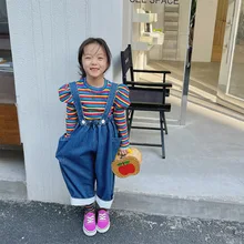 

Spring girls fashion denim wide leg overalls Kid loose suspender trousers baby girl bib pants 2-7Y