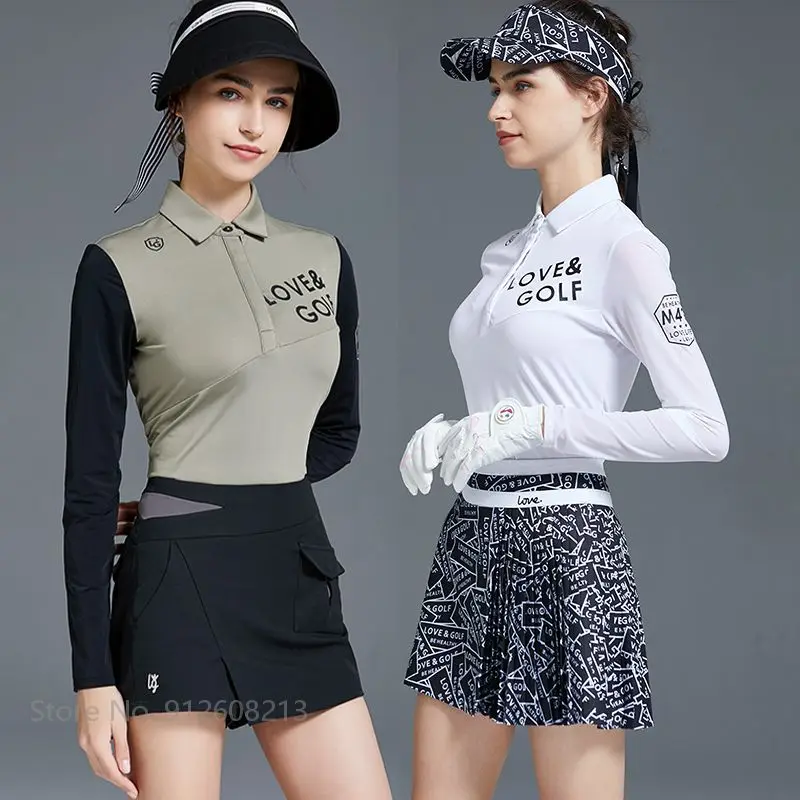 Love Golf Women Long Sleeve Sunscreen Golf Shirt Printed High Waist Skirt Ice Silk Patchwork Tops Ladies A-line Short Skort,women golf polo shirt