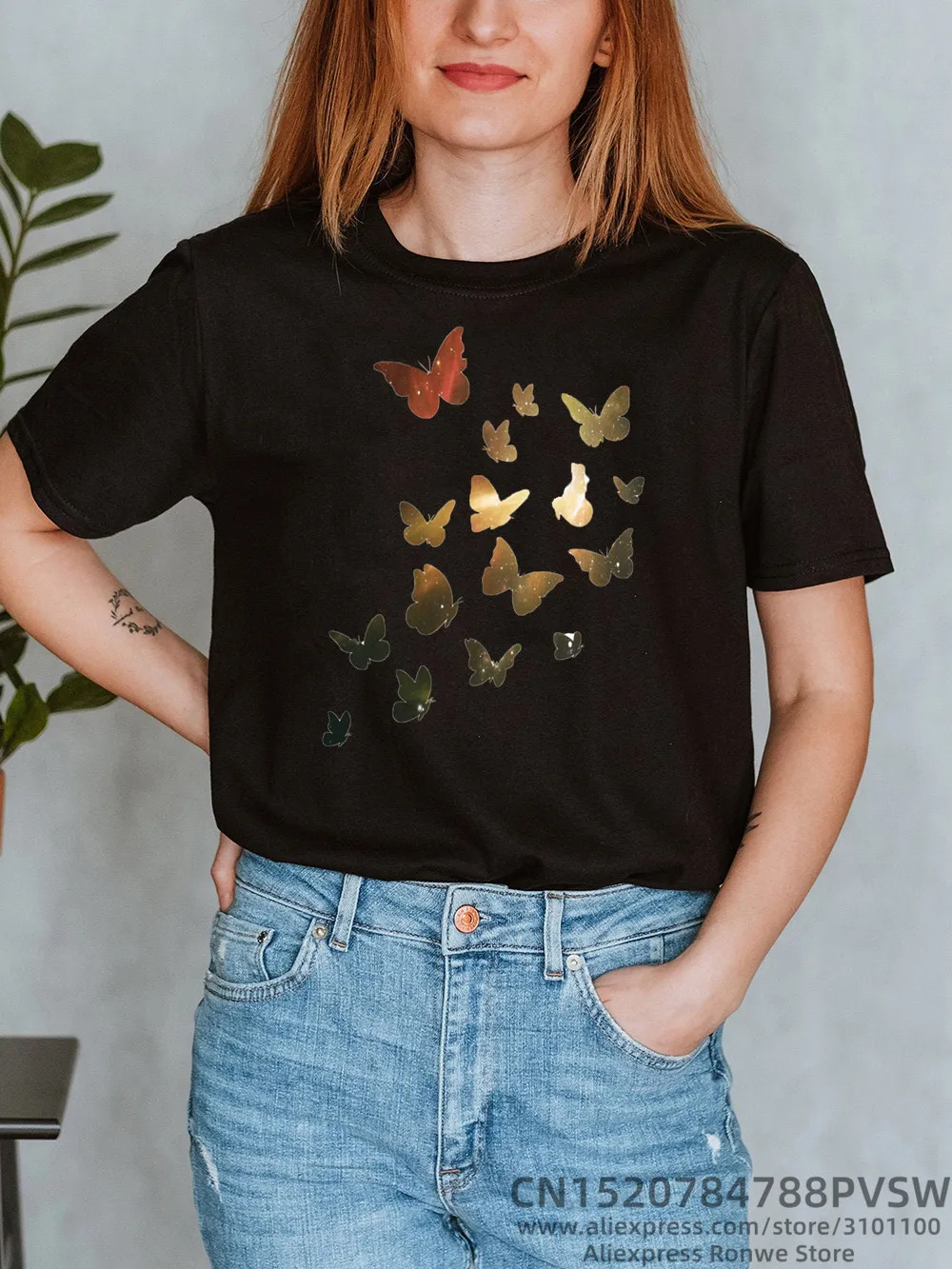 Gold Schmetterling Frauen Baumwolle Schwarz Weiß Print T-shirt 2022 Weibliche Sommer Casual 90s Tops T Mädchen 90S y2k Kawaii Kleidung